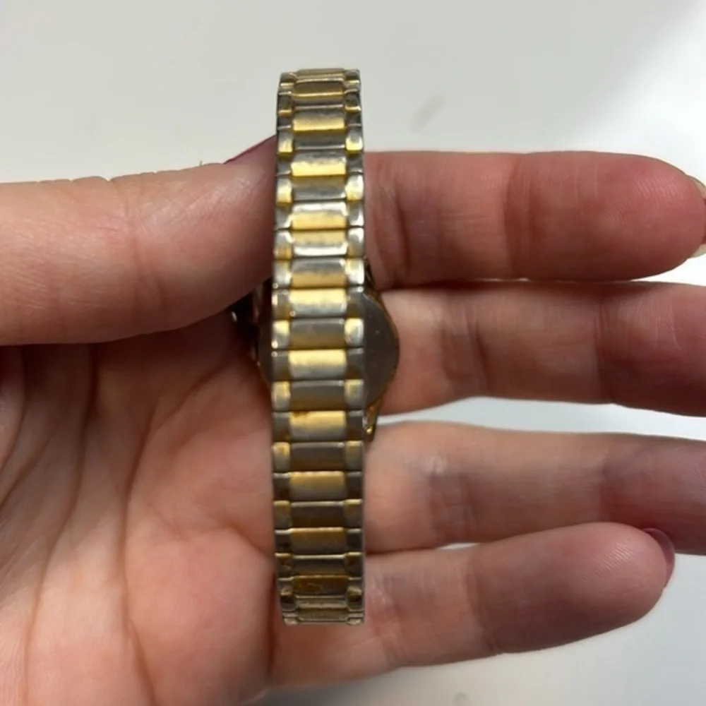Vtg Pulsar Watch Women Gold‎ Linen Dial Y150-0A50 Stretch Band